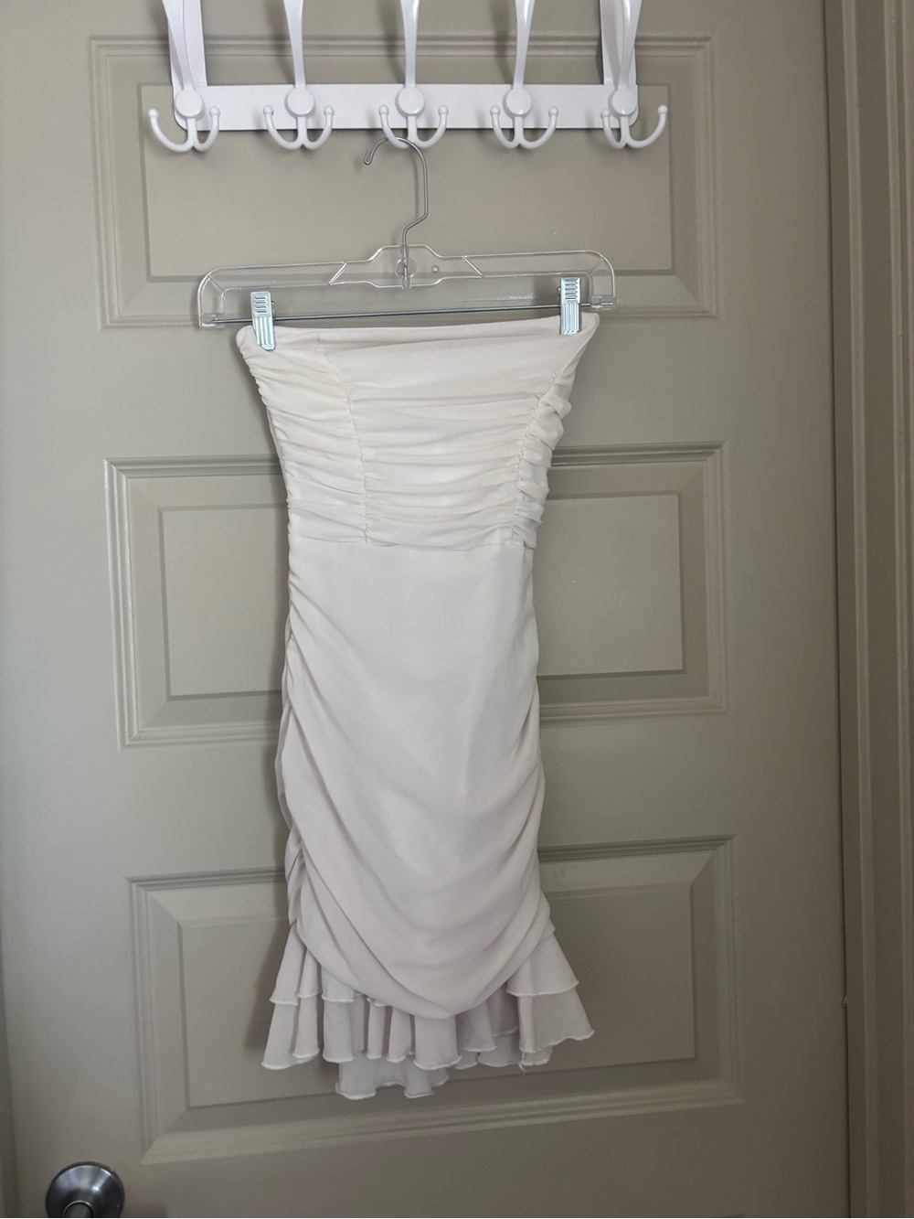 White Strapless Ruched Dress with Ruffle Hem